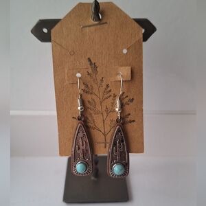 Silver Metal and Turquoise Cactus Dangle Earrings W Bronzed Metal Outline